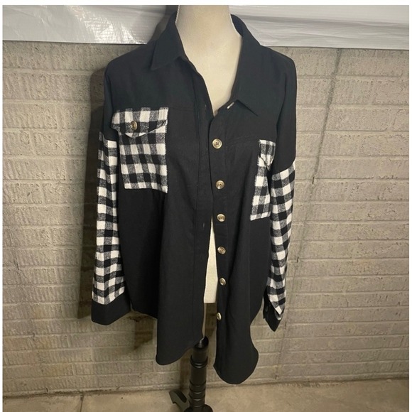 Haptics by Holly Harper Black Buffalo Plaid Sleeve Shirt Jacket Womens 1X - Picture 2 of 5